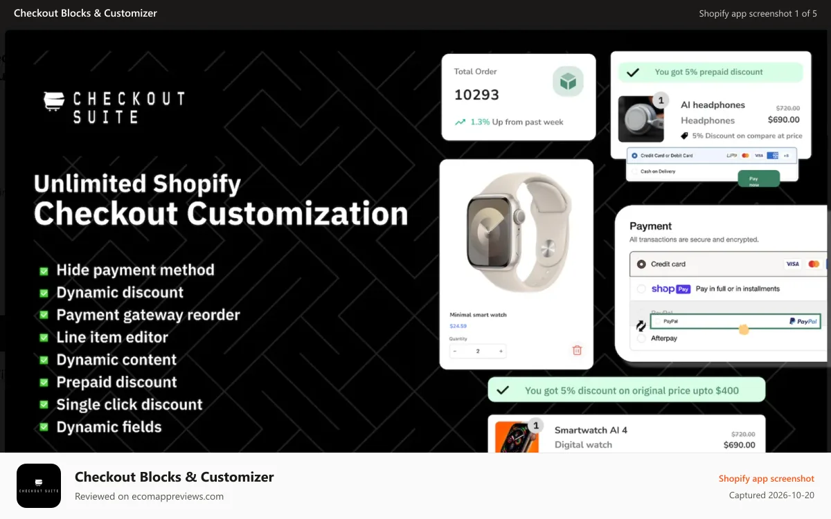 Checkout Blocks & Customizer Shopify app screenshot: Customise the checkout with powerful features without any coding