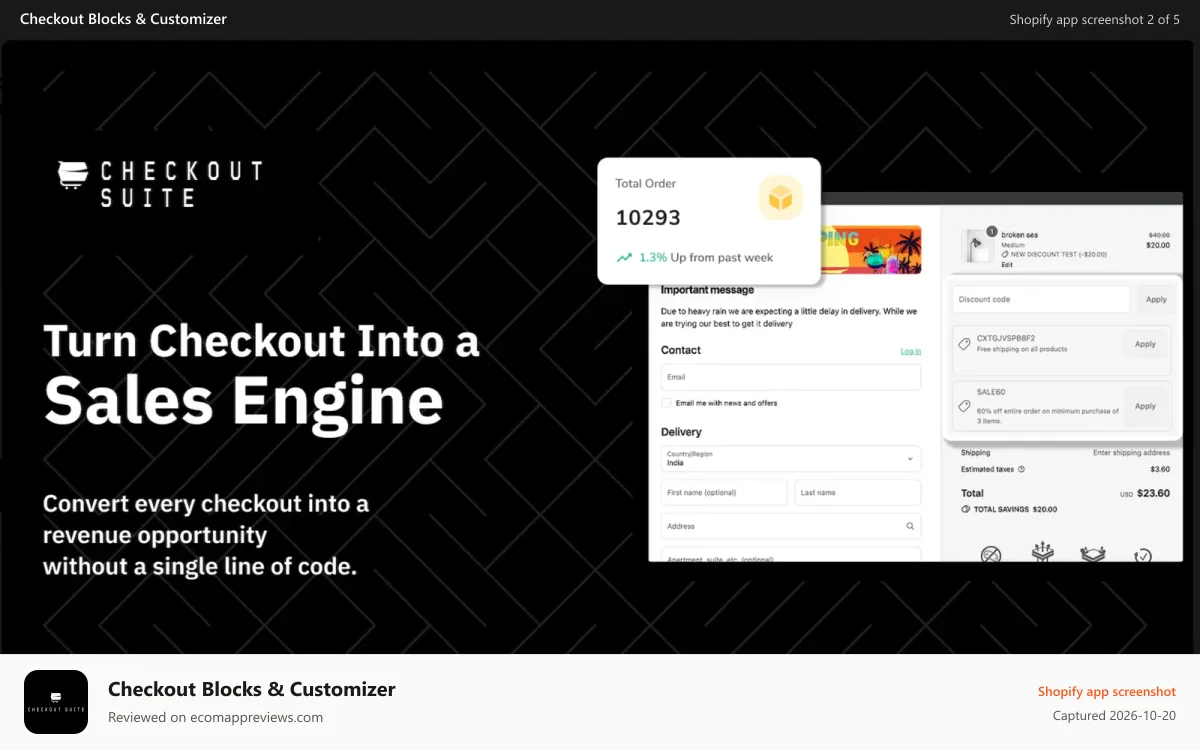 Checkout Blocks & Customizer Shopify app screenshot: Display the active discount codes at checkout & increase AOV