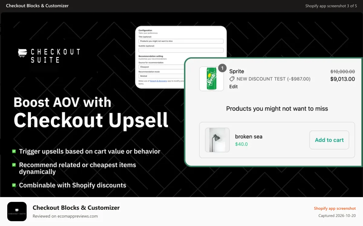 Checkout Blocks & Customizer Shopify app screenshot: Show personalized product upsell & cross sell to customer