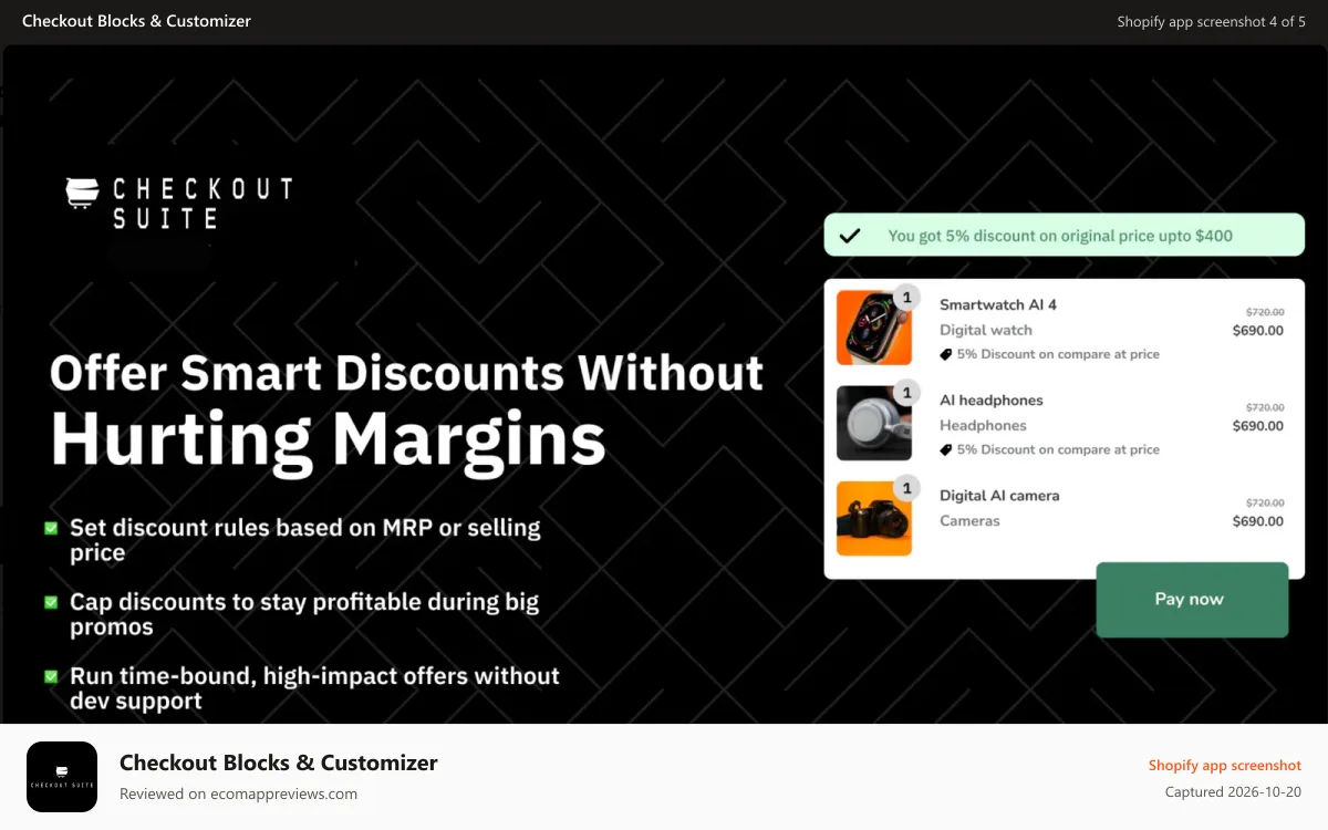Checkout Blocks & Customizer Shopify app screenshot: Dynamic discount on MPR or selling price with maximum cap amount