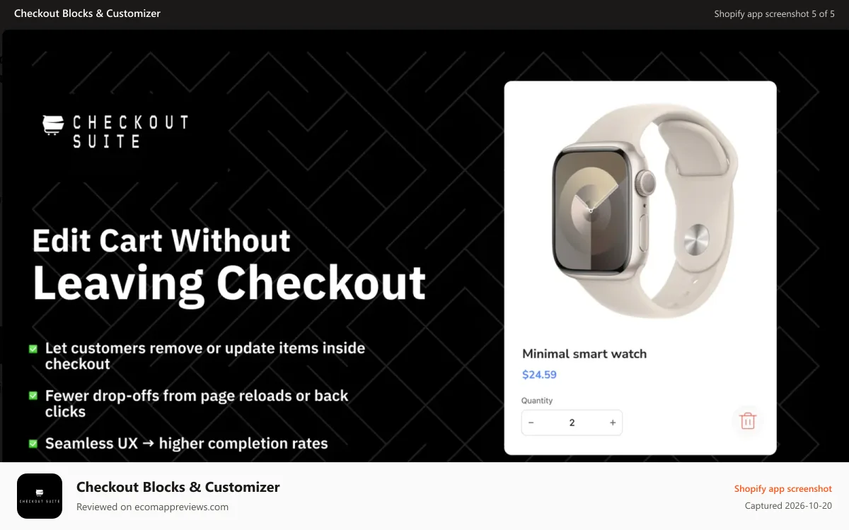 Checkout Blocks & Customizer Shopify app screenshot: Update quantity or switch variants directly in checkout