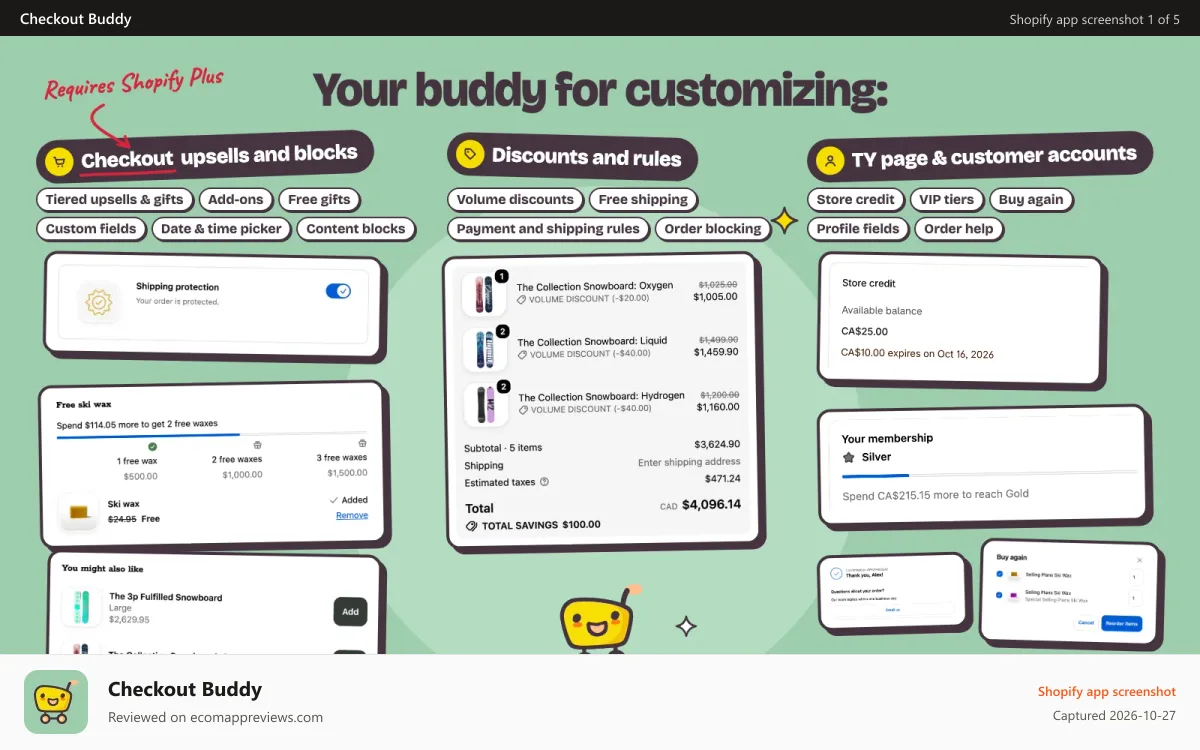 Checkout Buddy Shopify app screenshot: Checkout, thank you, discount and account blocks around a cart