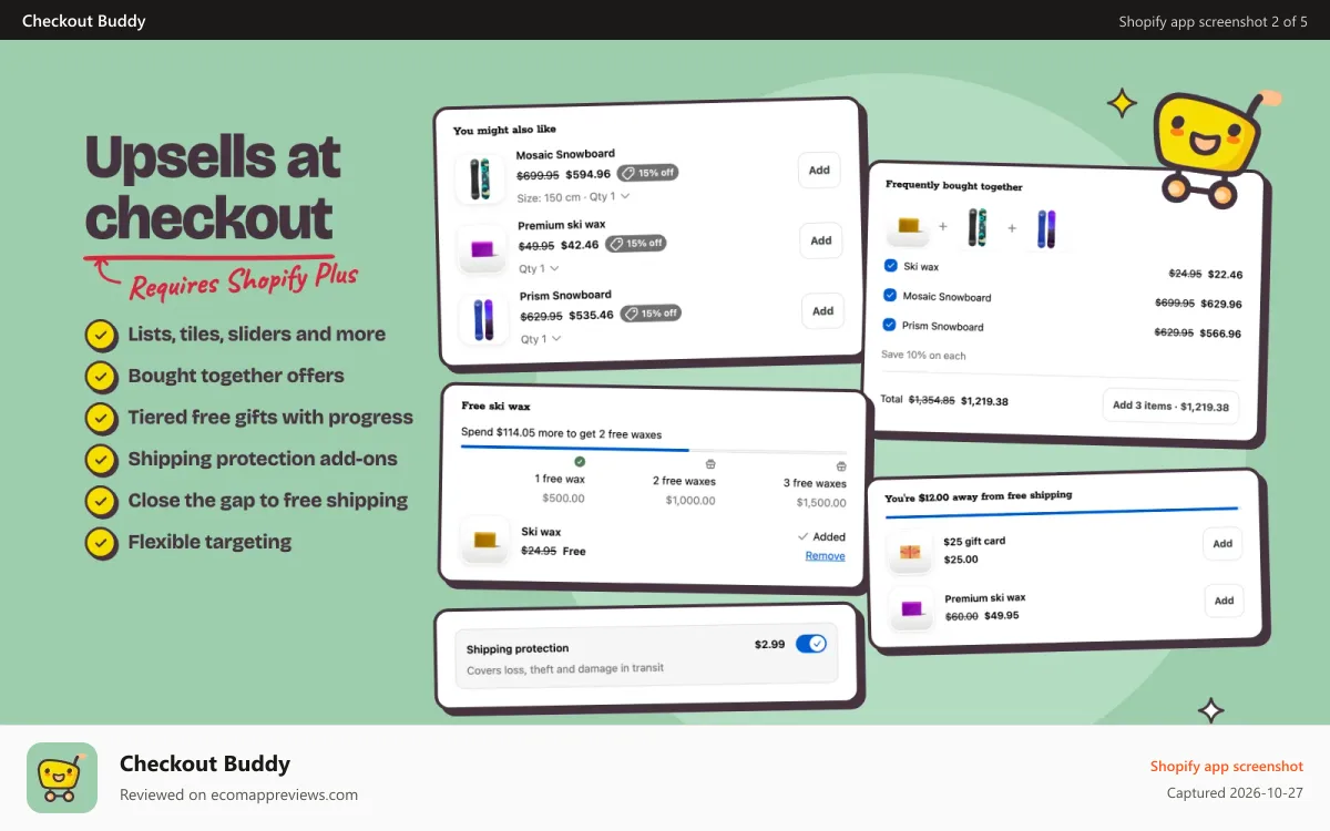 Checkout Buddy Shopify app screenshot: Cross-sell, shipping protection and subscription upsell offers