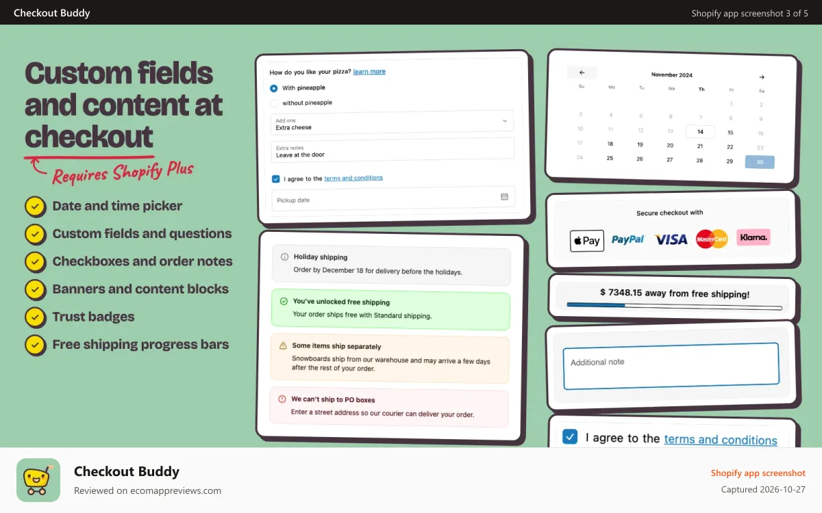 Checkout Buddy Shopify app screenshot: Banners, date picker, trust badges and custom fields at checkout