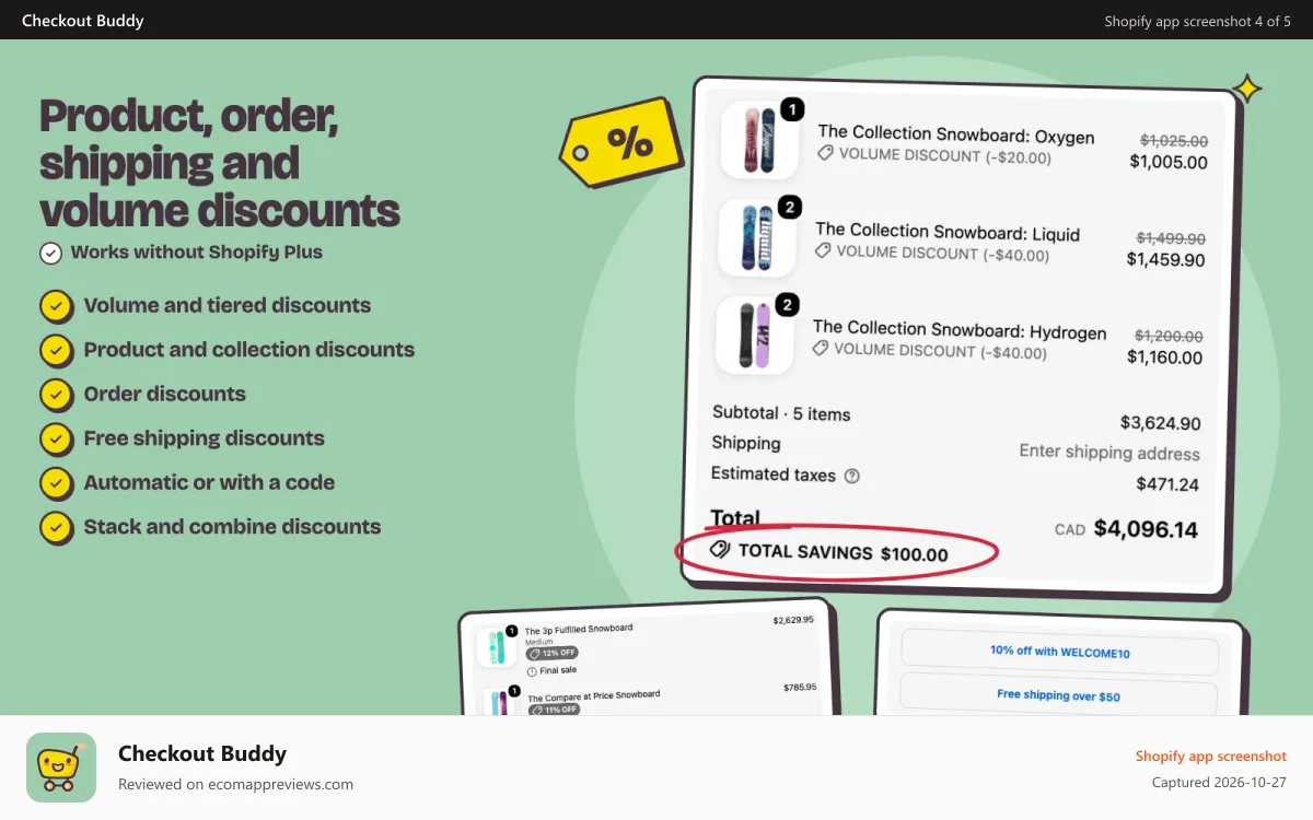 Checkout Buddy Shopify app screenshot: Volume discounts, sale badges and discount codes in a checkout