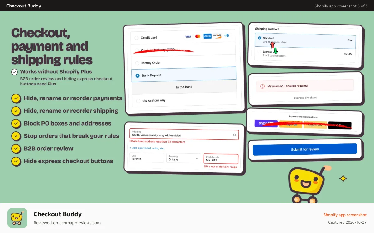 Checkout Buddy Shopify app screenshot: Payment, shipping and checkout rules with a PO box block