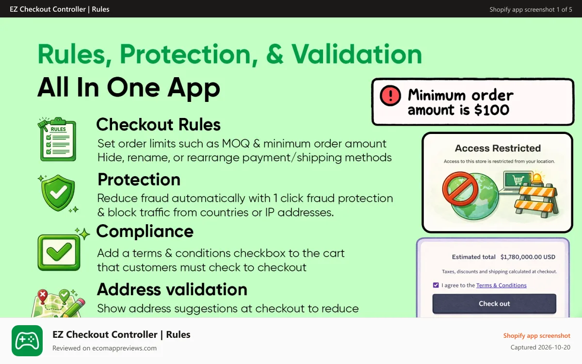 EZ Checkout Controller | Rules Shopify app screenshot: checkout rules, fraud protection, block ip & country, t&c box