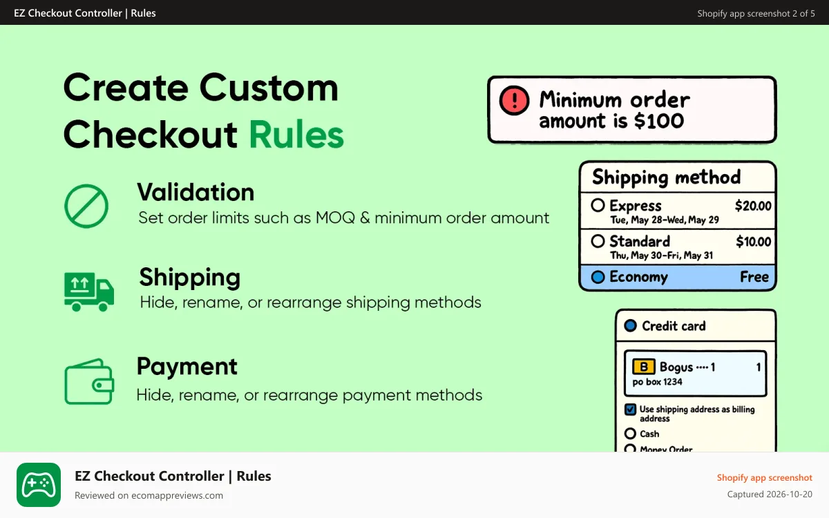 EZ Checkout Controller | Rules Shopify app screenshot: ez checkout controller creates custom checkout rules
