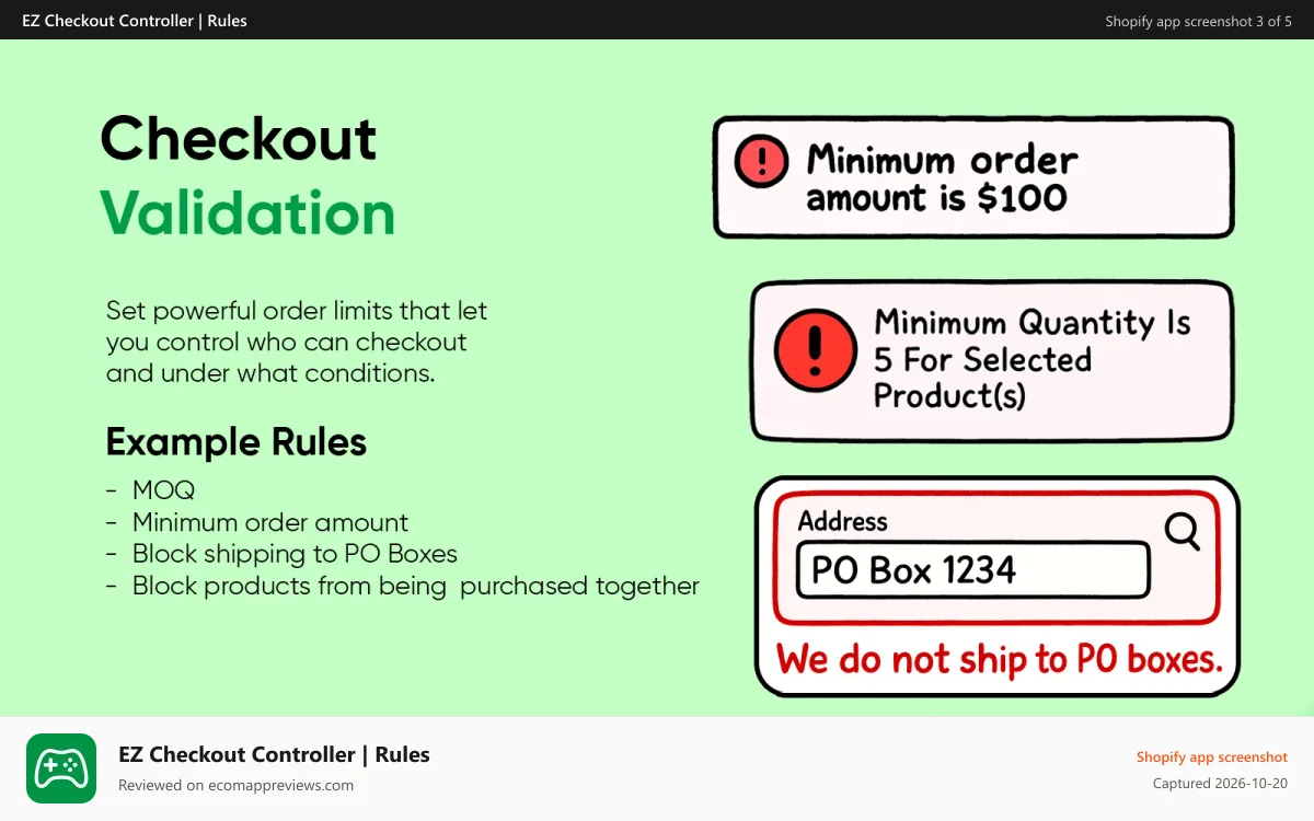 EZ Checkout Controller | Rules Shopify app screenshot: checkout validation rules like moq, minimum order amount/value