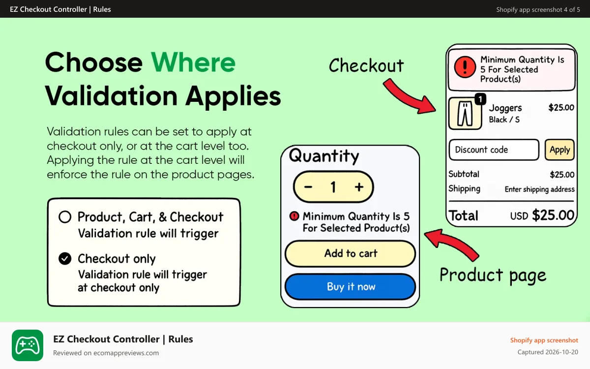 EZ Checkout Controller | Rules Shopify app screenshot: validation rules apply at checkout and on product page