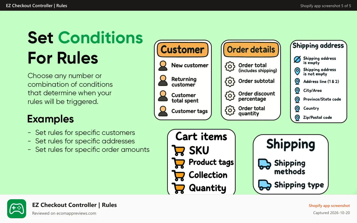 EZ Checkout Controller | Rules Shopify app screenshot: set when rules are triggered conditions for rules