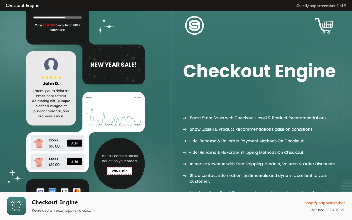 Checkout Engine Shopify app screenshot: Checkout engine, Shopify Checkout Customizer