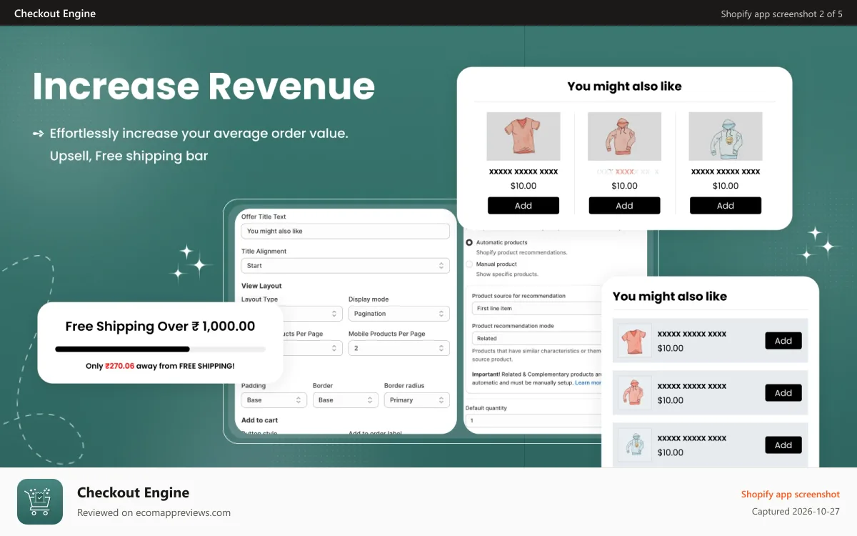 Checkout Engine Shopify app screenshot: Custom Checkout. Personalize checkout. Checkout Customization