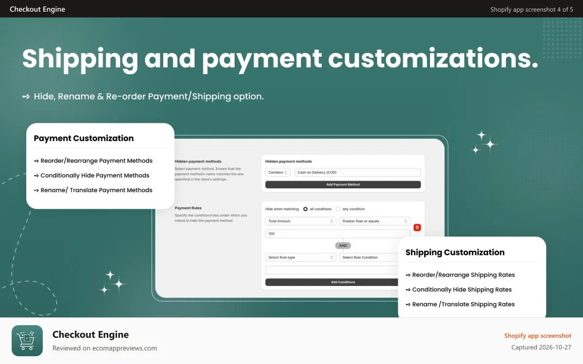 Checkout Engine Shopify app screenshot: Hide, Rename, & Re-order Shipping & Payment Methods On Checkout