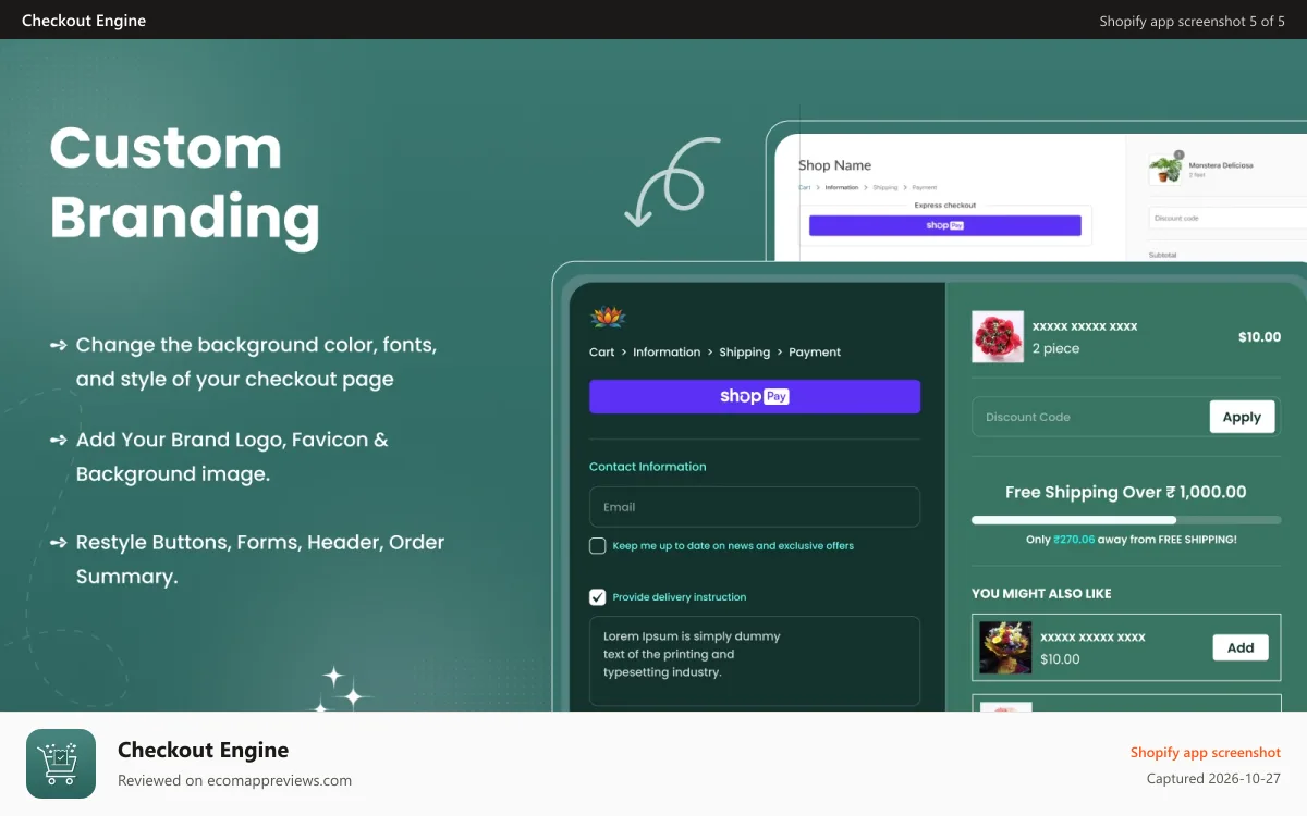 Checkout Engine Shopify app screenshot: Checkout Branding, Checkout Blocks, Payment & Shipping Rules.