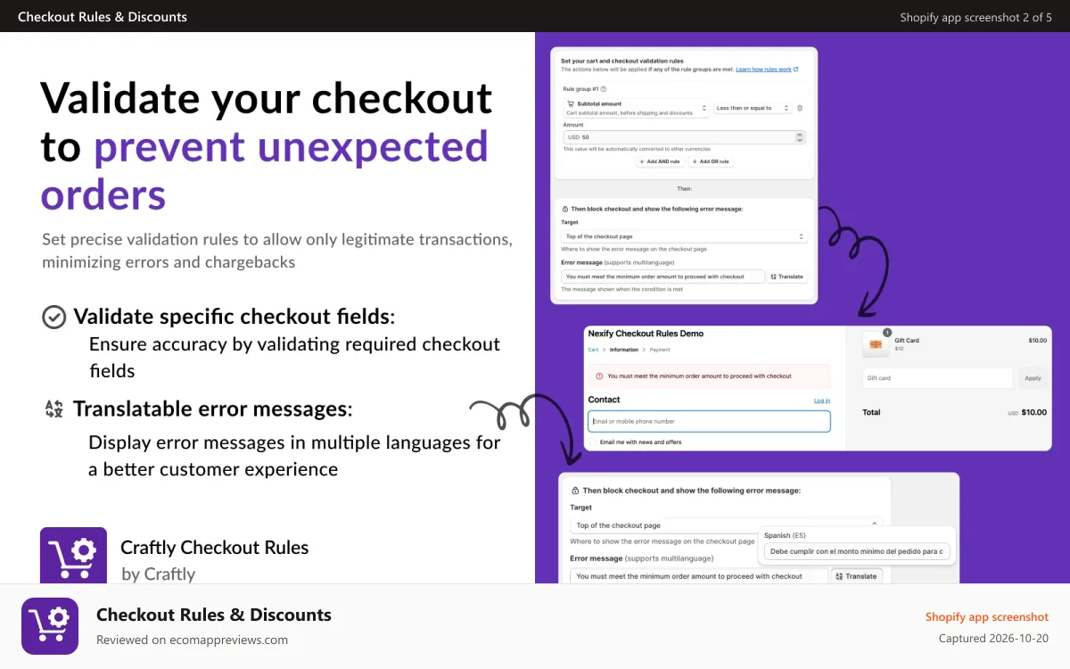 Checkout Rules & Discounts Shopify app screenshot: Cart and Checkout Validation, Secure Checkout