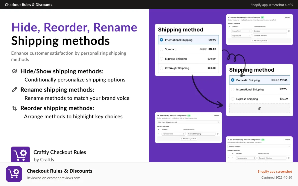 Checkout Rules & Discounts Shopify app screenshot: Shipping (Delivery) customizations