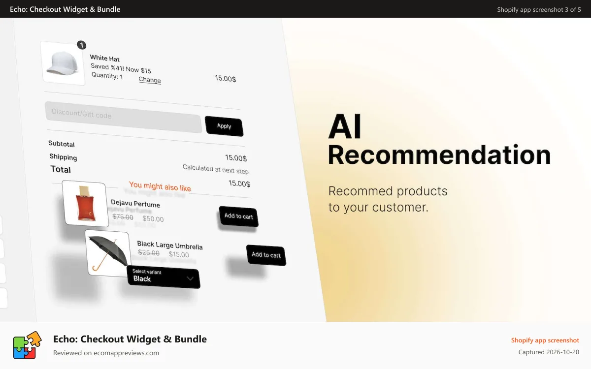Echo: Checkout Widget & Bundle Shopify app screenshot: Product recommendations with AI and powerful algorithm