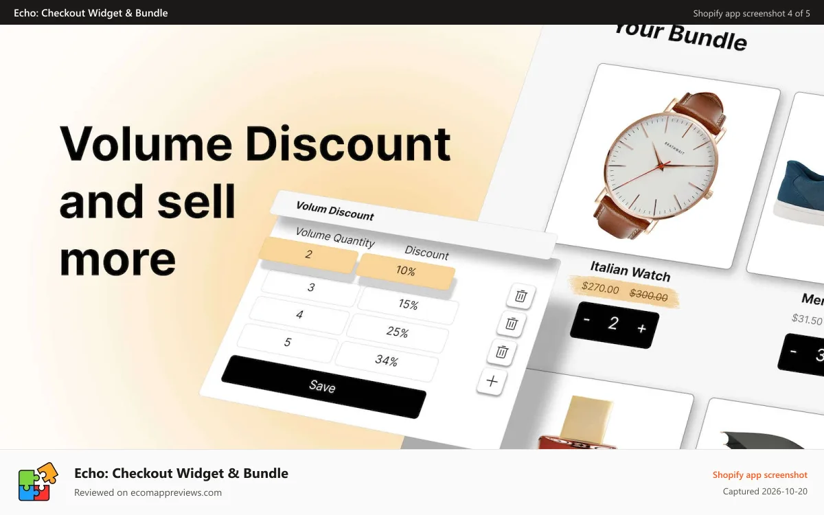 Echo: Checkout Widget & Bundle Shopify app screenshot: Shopify functions and volume discount.