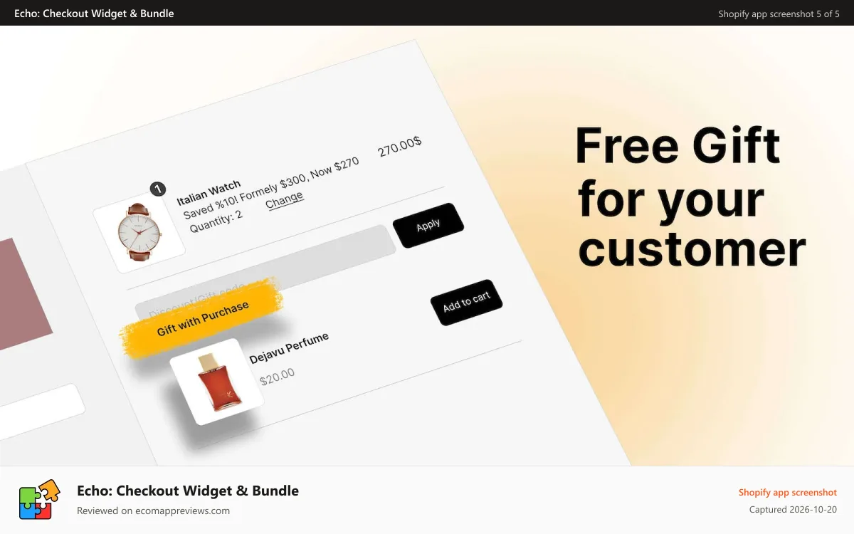 Echo: Checkout Widget & Bundle Shopify app screenshot: Offer Free gifts on purchase