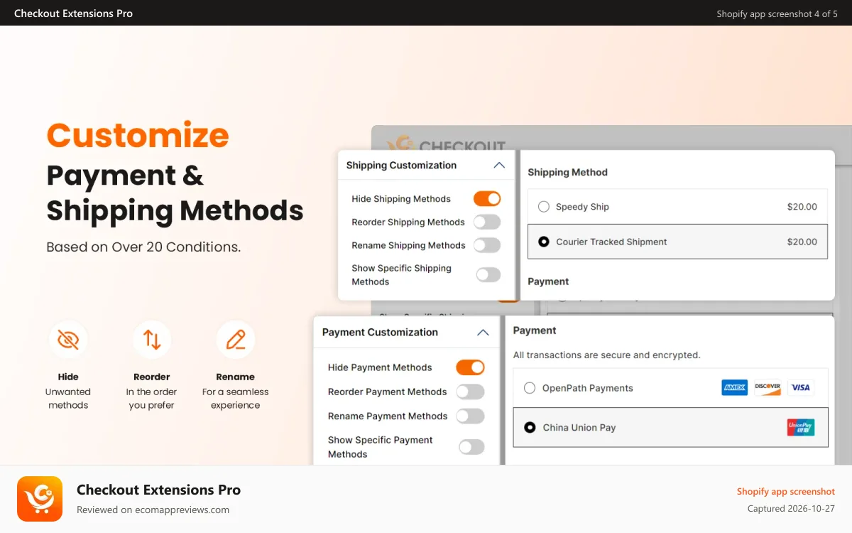Checkout Extensions Pro Shopify app screenshot: Payment and Shipping methods edits