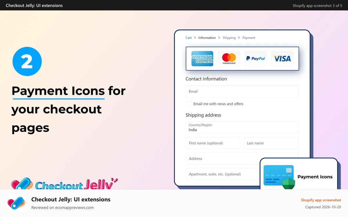Checkout Jelly: UI extensions Shopify app screenshot: Payment Icons for your checkout pages