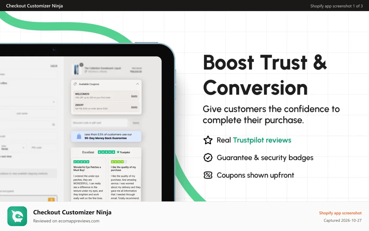 Checkout Customizer Ninja Shopify app screenshot: Customize checkout page with no-code checkout editor