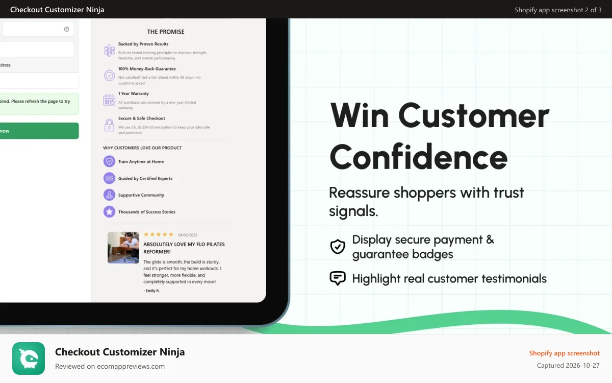 Checkout Customizer Ninja Shopify app screenshot: Trust badges block on the checkout page