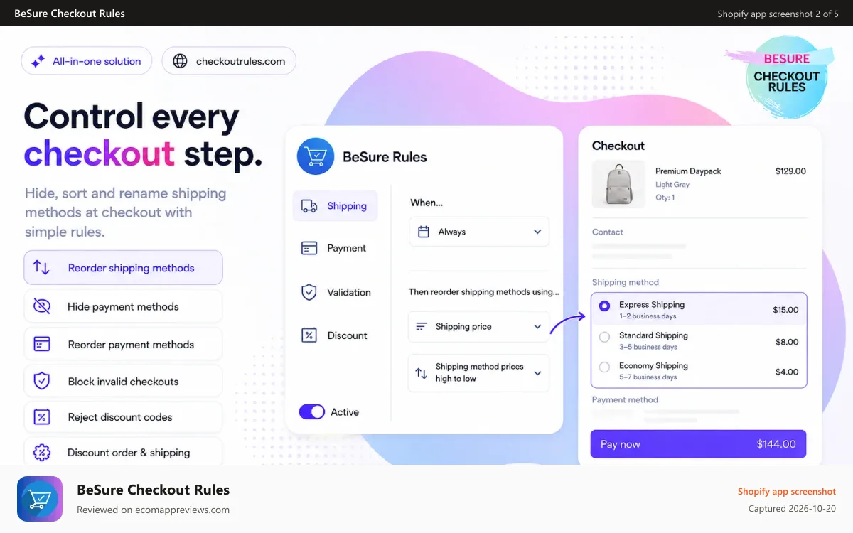 BeSure Checkout Rules Shopify app screenshot: Details for reorder shipping methods functionality