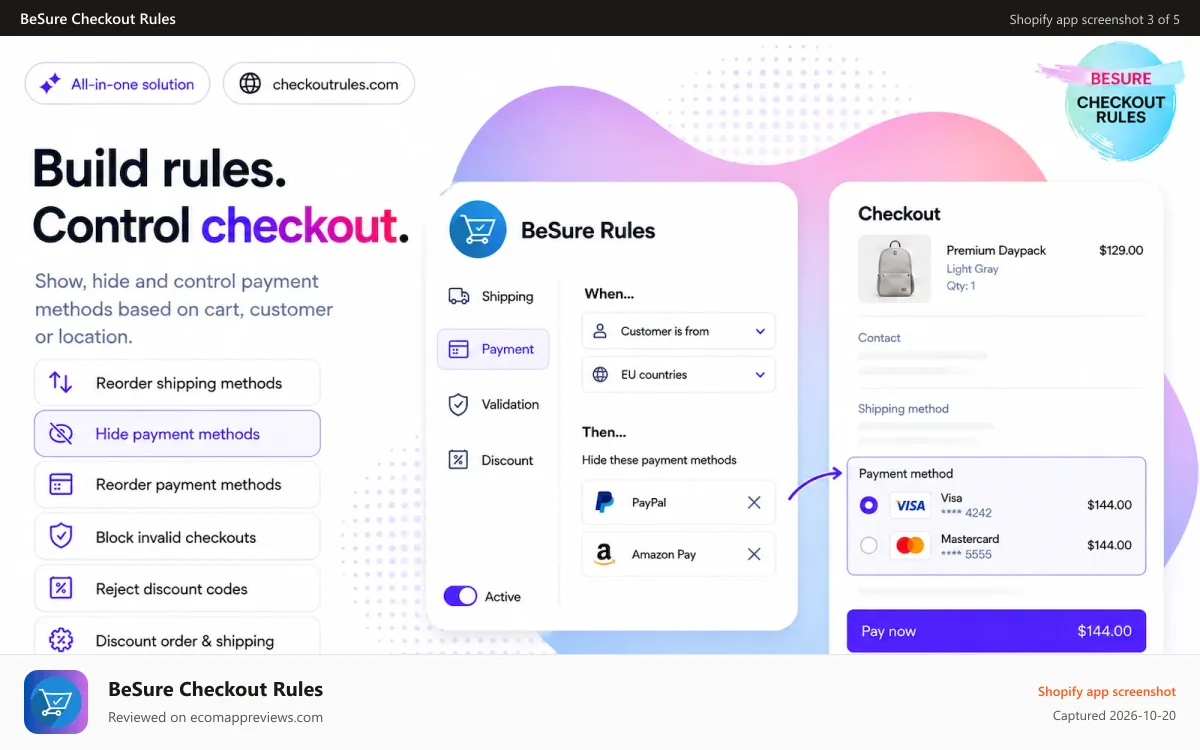 BeSure Checkout Rules Shopify app screenshot: Details for hide payment methods functionality