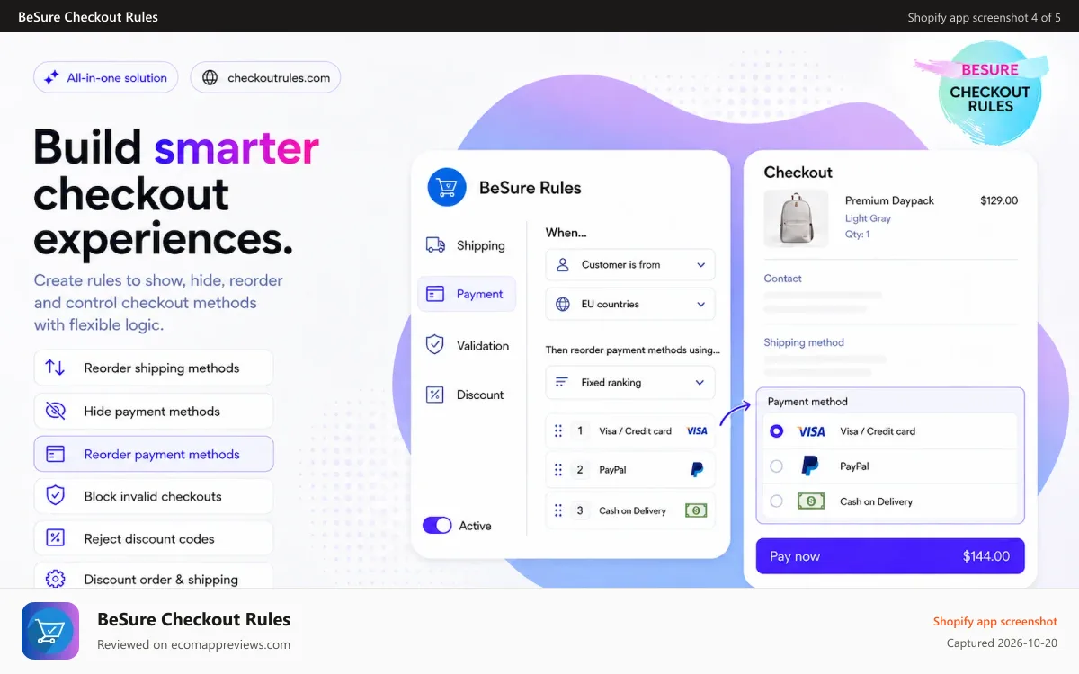 BeSure Checkout Rules Shopify app screenshot: Details for reorder payment methods functionality