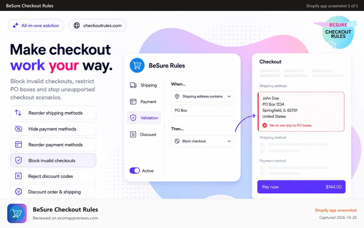 BeSure Checkout Rules Shopify app screenshot: Details for validation functionality