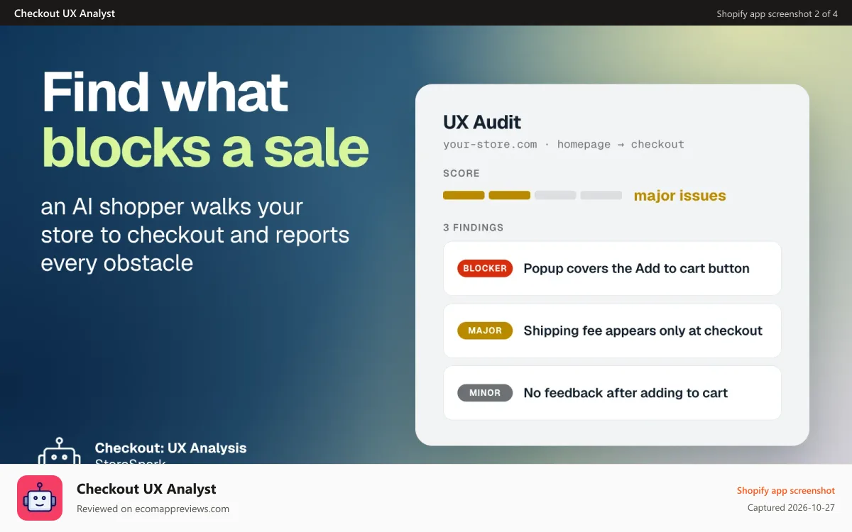 Checkout UX Analyst Shopify app screenshot: automated tests