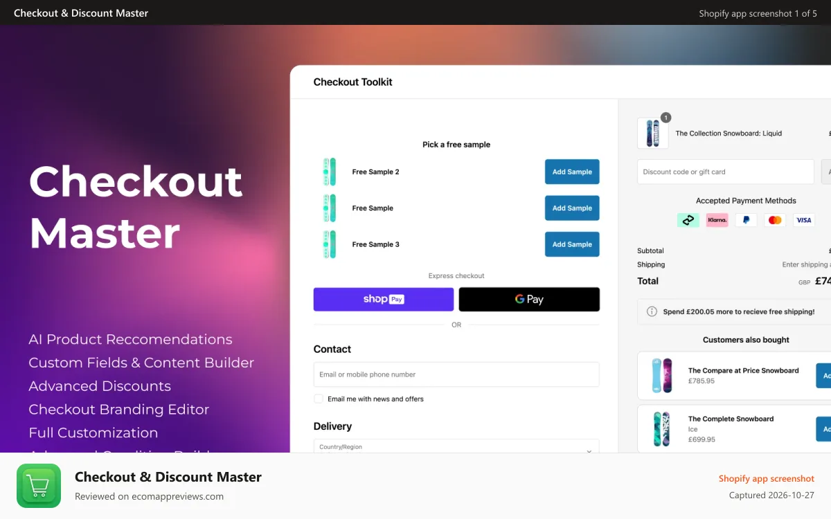 Checkout & Discount Master Shopify app screenshot: Checkout Master
