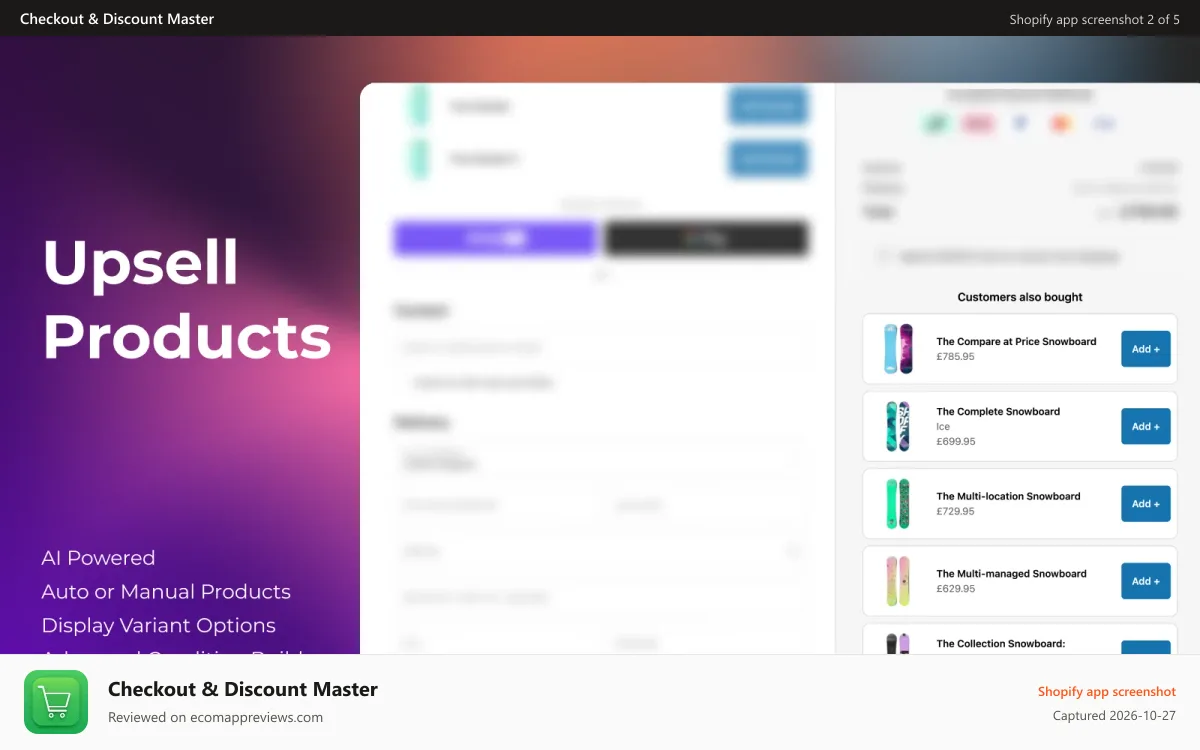 Checkout & Discount Master Shopify app screenshot: Upsell Products