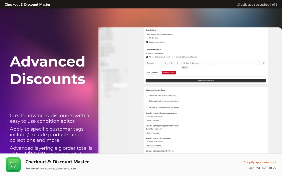 Checkout & Discount Master Shopify app screenshot: Discounts
