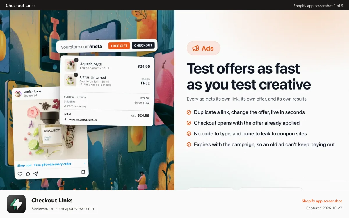 Checkout Links Shopify app screenshot: Instagram ad link opens checkout with the free gift applied