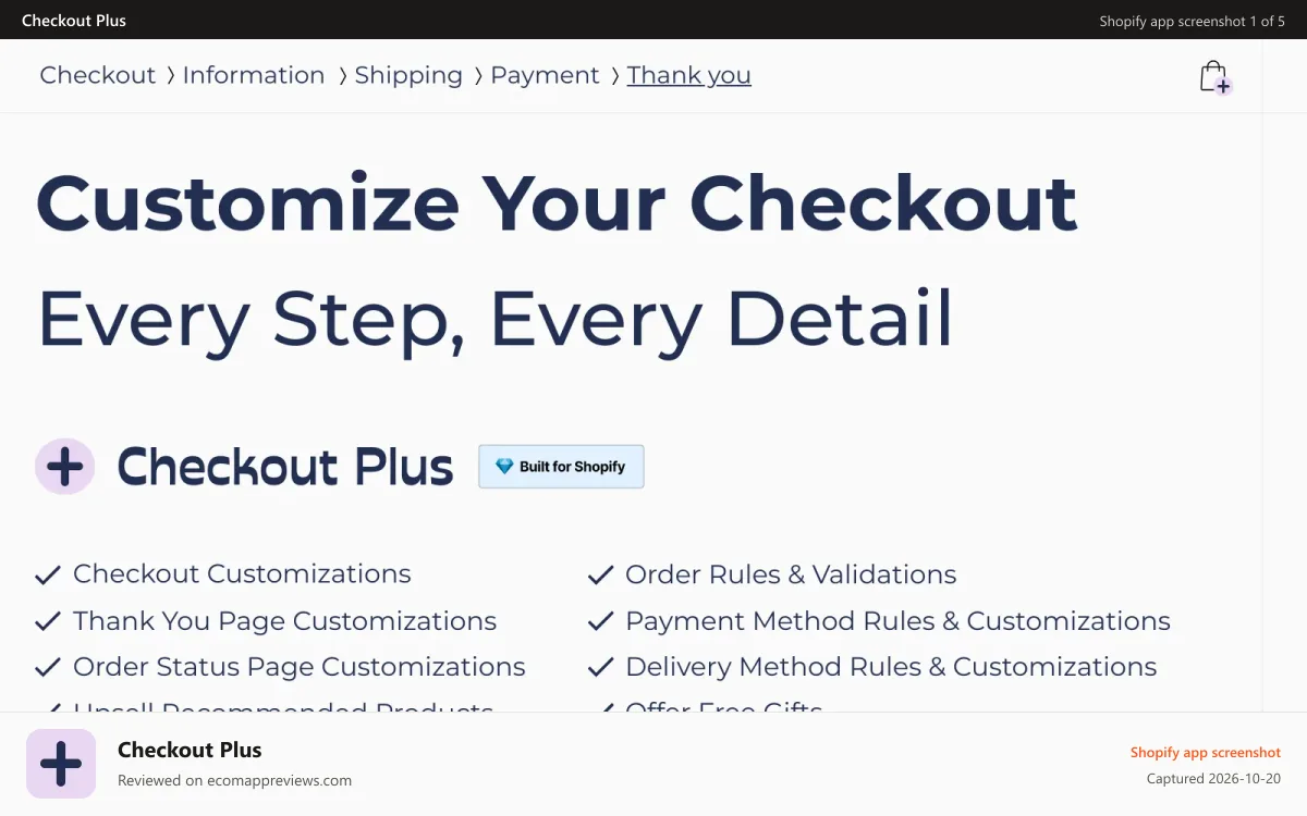 Checkout Plus Shopify app screenshot: Checkout Plus Banner Showcasing Core Customization Features