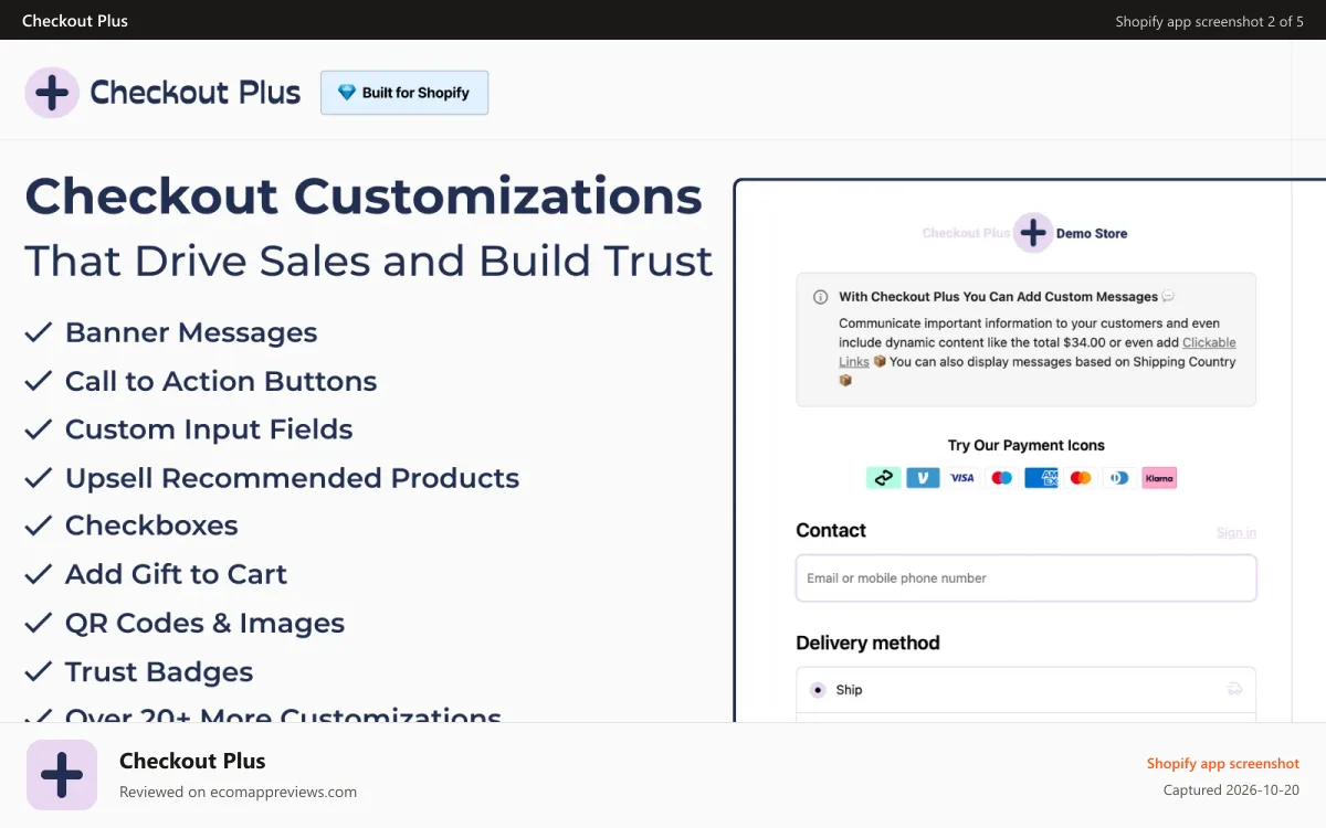 Checkout Plus Shopify app screenshot: Checkout customization with messages at checkout and links