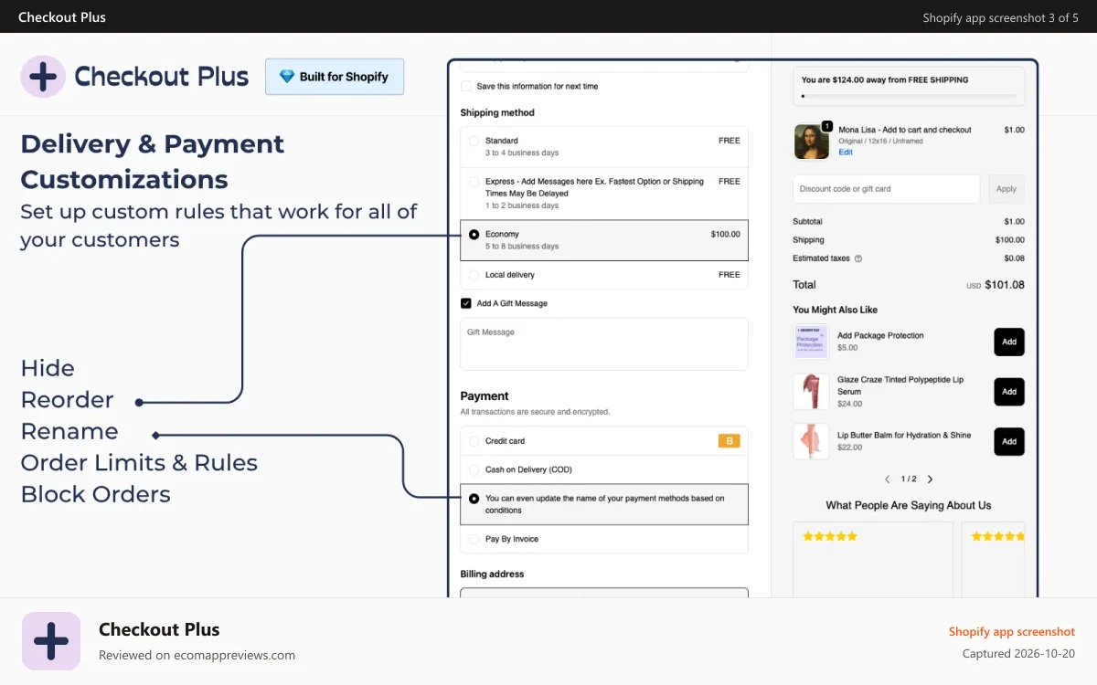 Checkout Plus Shopify app screenshot: Checkout Functions For Order, Delivery & Payment Customizations