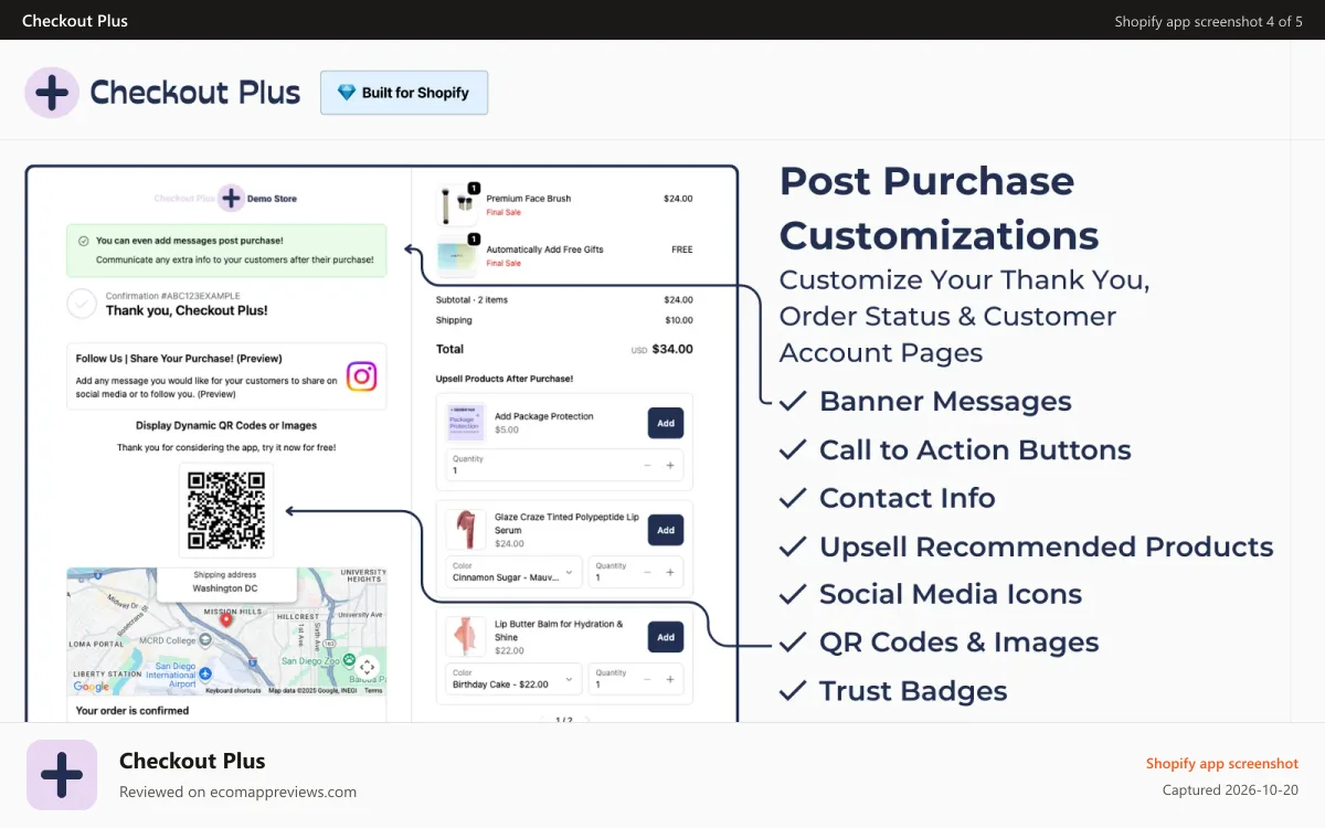 Checkout Plus Shopify app screenshot: Thank you and order status page, QR Codes, Upsells Post Purchase