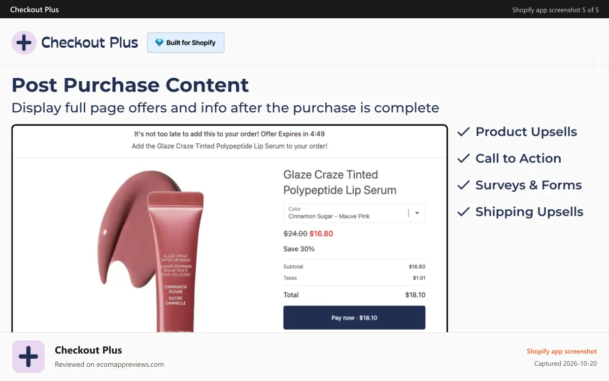 Checkout Plus Shopify app screenshot: Post Purchase Upsells and Offers After Checkout