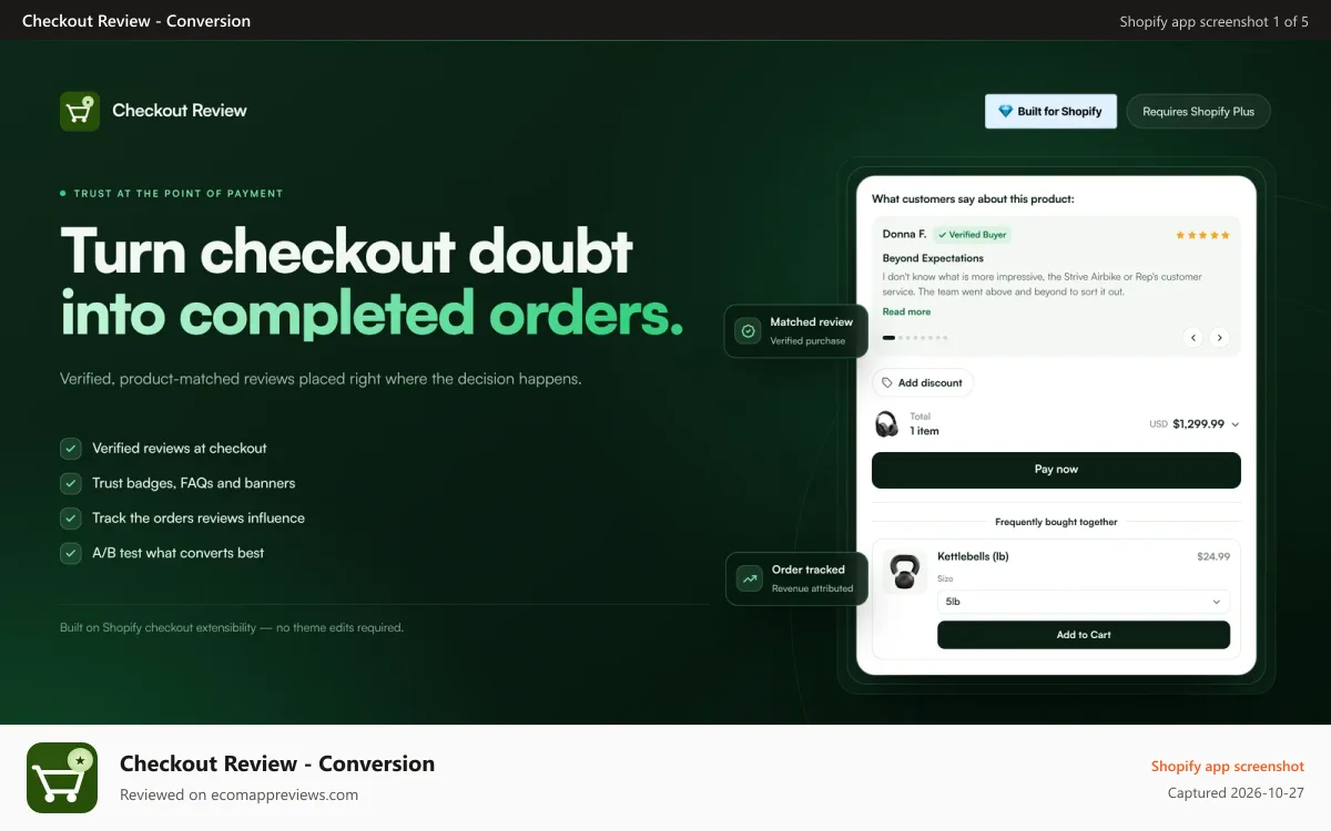 Checkout Review ‑ Conversion Shopify app screenshot: Verified reviews at Shopify Plus checkout boost conversion