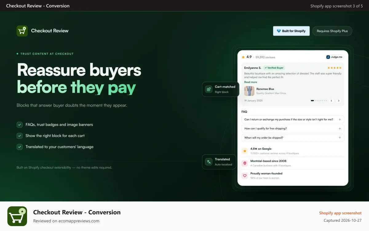 Checkout Review ‑ Conversion Shopify app screenshot: Trust badges, FAQs and image banners shown at checkout.