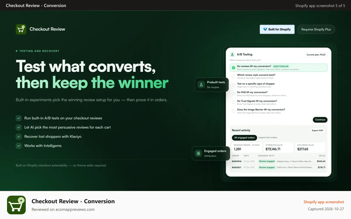 Checkout Review ‑ Conversion Shopify app screenshot: Recent activity: every order that engaged a review