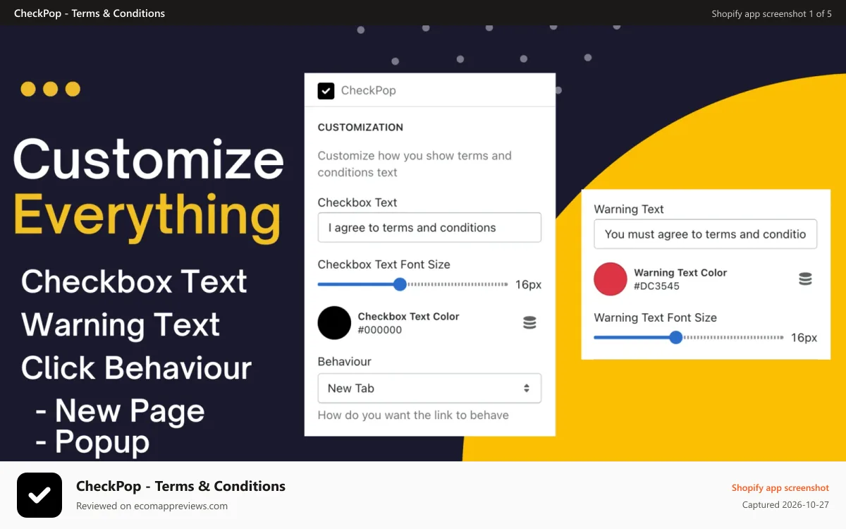 CheckPop ‑ Terms & Conditions Shopify app screenshot: Customise screen with checkbox text, warning, behaviour