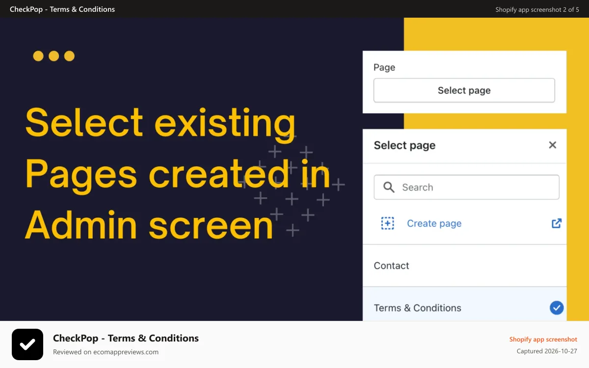 CheckPop ‑ Terms & Conditions Shopify app screenshot: Select pages created using Shopify admin