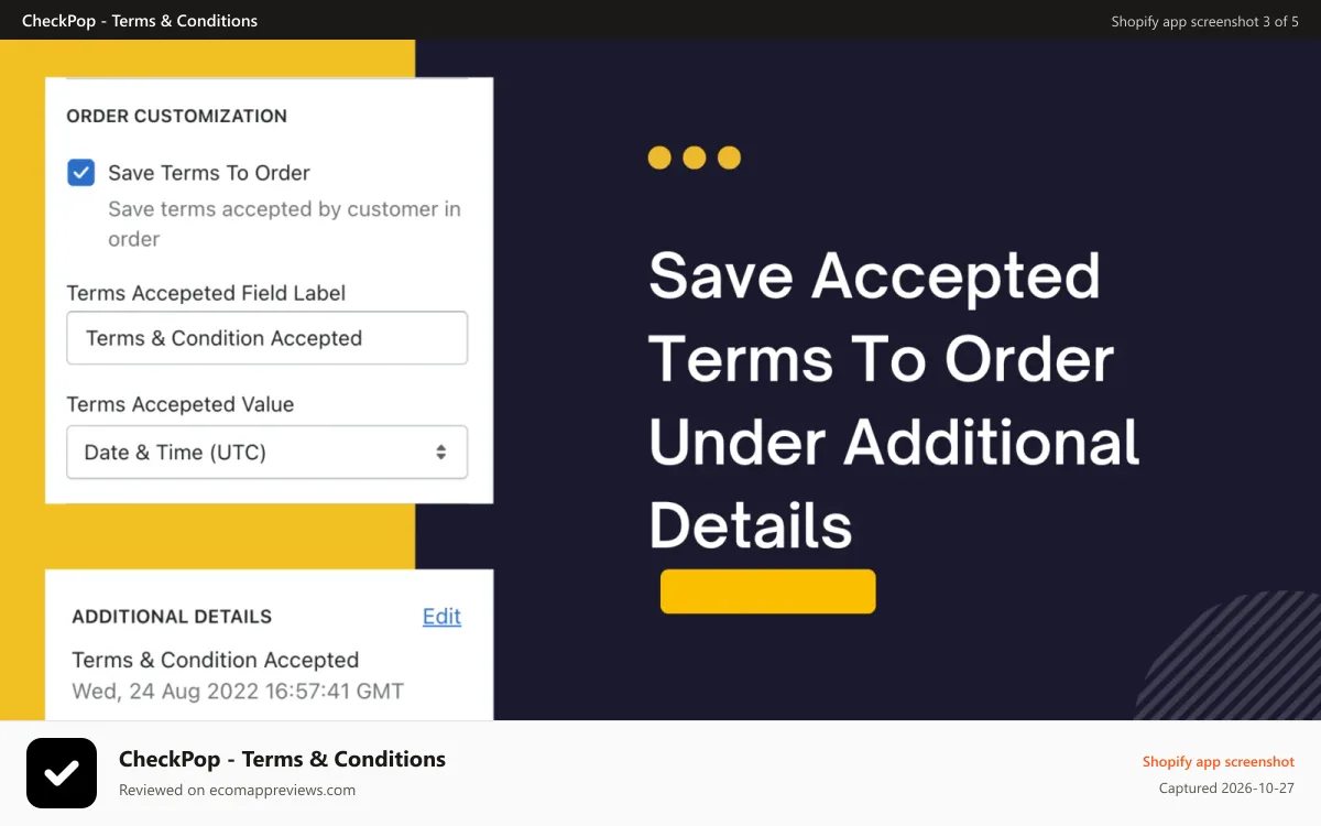 CheckPop ‑ Terms & Conditions Shopify app screenshot: Save terms to order
