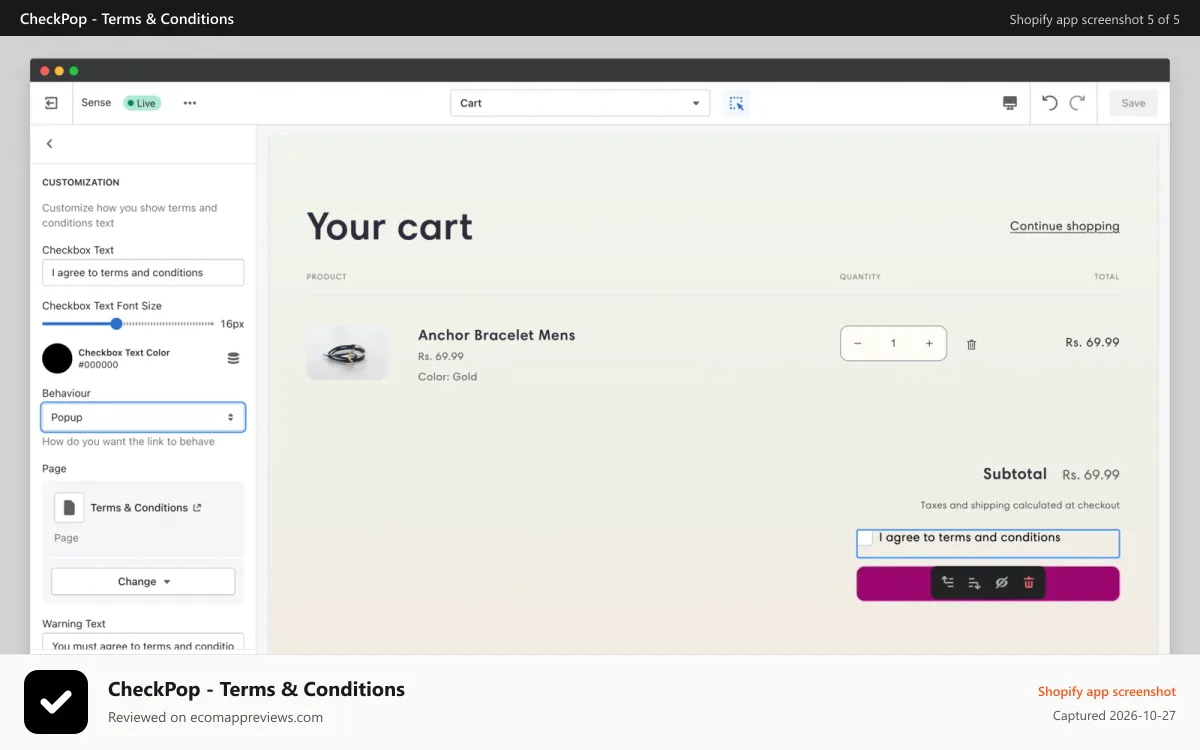 CheckPop ‑ Terms & Conditions Shopify app screenshot: Customize checkpop app screen