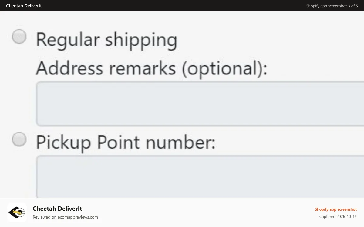 Cheetah DeliverIt Shopify app screenshot: Select between regular shipping and pickup point delivery